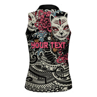 Personalized Japanese Kitsune Mask Women Sleeveless Polo Shirt With Polynesian Arty Style - Wonder Print Shop