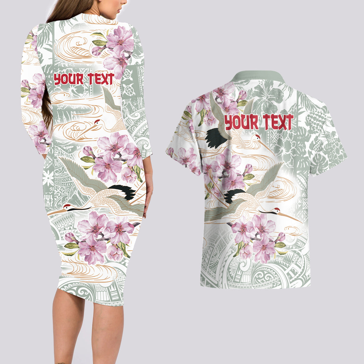 Personalized Japanese Shirasagi Bird Couples Matching Long Sleeve Bodycon Dress and Hawaiian Shirt Sakura and Hibiscus Polynesian Pattern LT9 - Wonder Print Shop