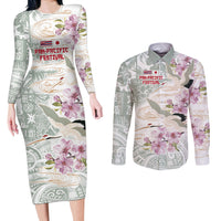 Personalized Japanese Shirasagi Bird Couples Matching Long Sleeve Bodycon Dress and Long Sleeve Button Shirt Sakura and Hibiscus Polynesian Pattern LT9 - Wonder Print Shop