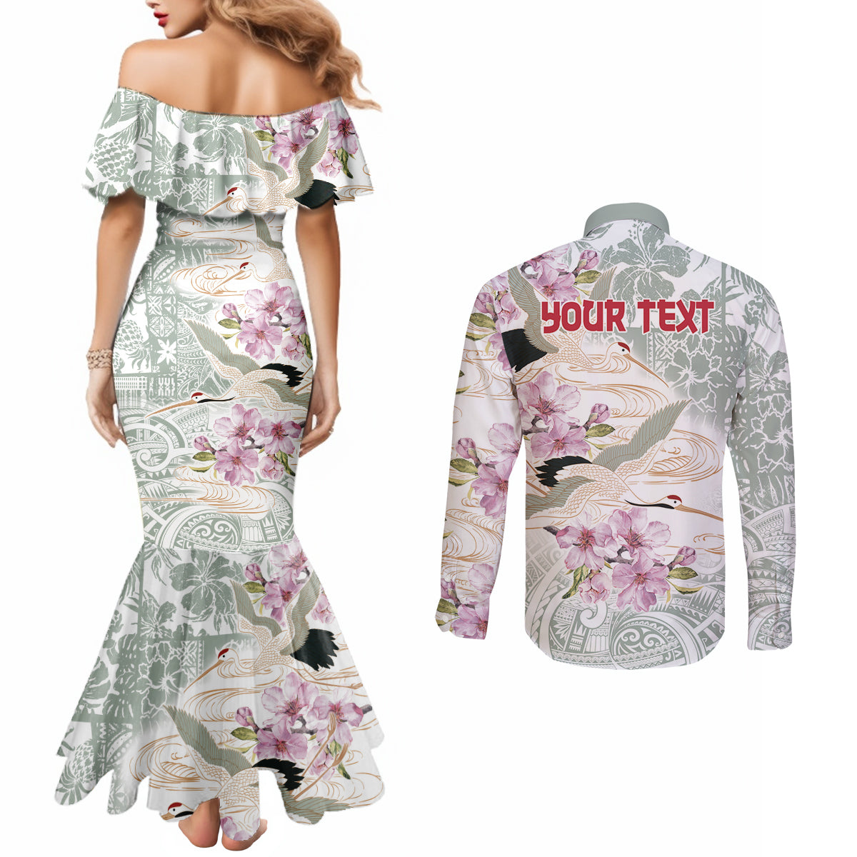 Personalized Japanese Shirasagi Bird Couples Matching Mermaid Dress and Long Sleeve Button Shirt Sakura and Hibiscus Polynesian Pattern