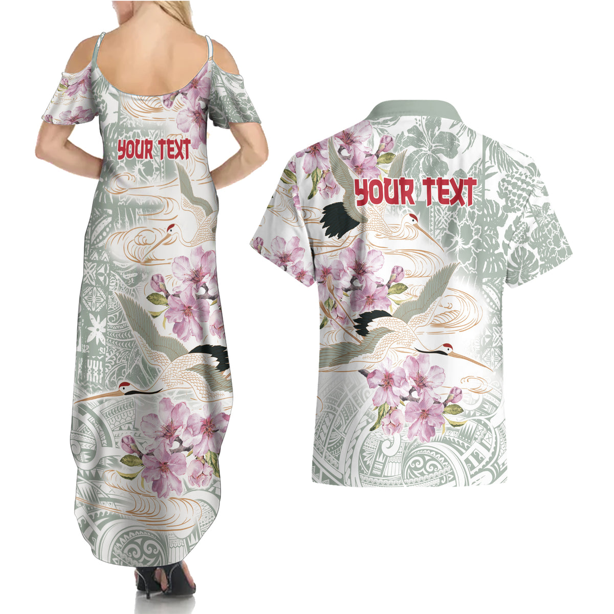 Personalized Japanese Shirasagi Bird Couples Matching Summer Maxi Dress and Hawaiian Shirt Sakura and Hibiscus Polynesian Pattern LT9 - Wonder Print Shop