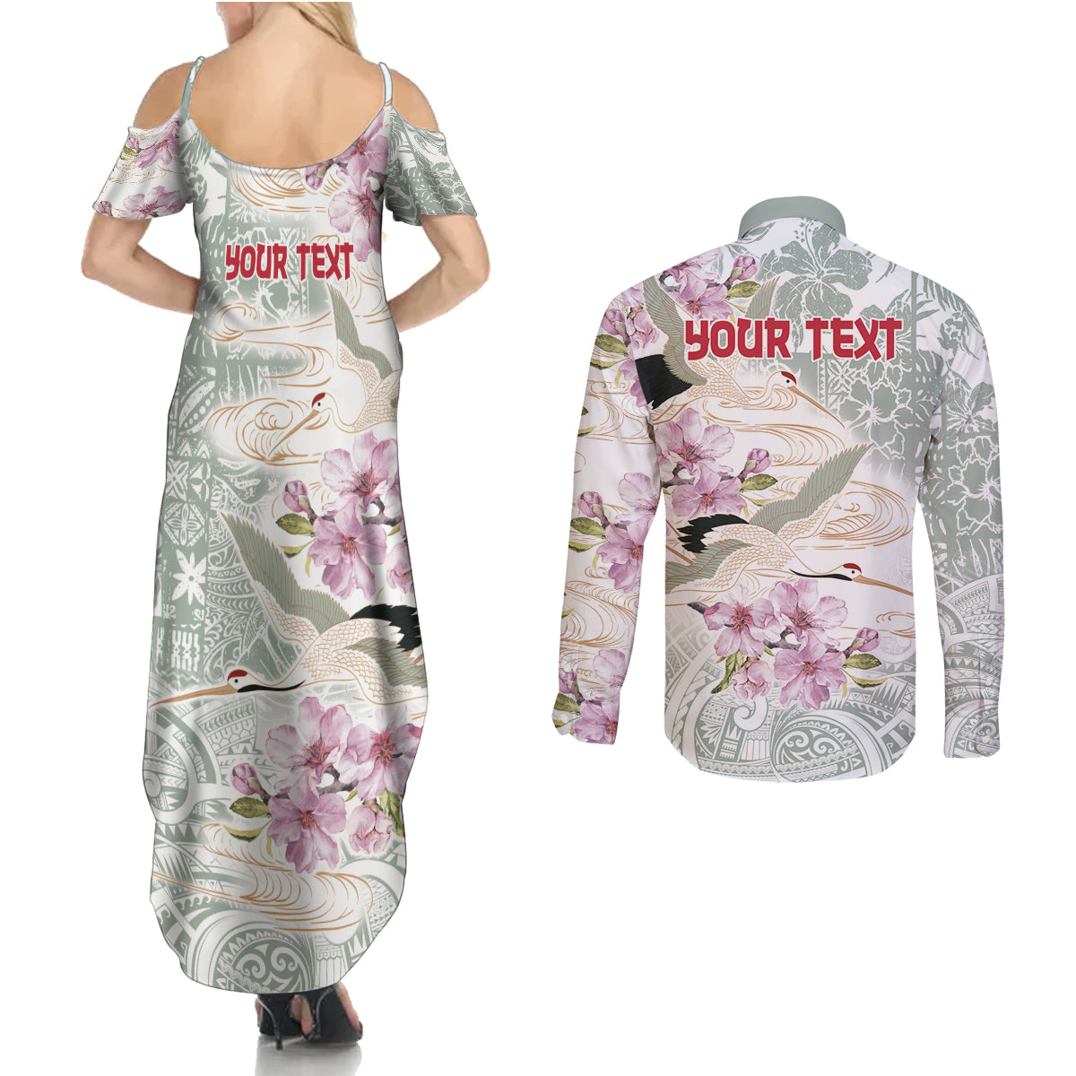 Personalized Japanese Shirasagi Bird Couples Matching Summer Maxi Dress and Long Sleeve Button Shirt Sakura and Hibiscus Polynesian Pattern LT9 - Wonder Print Shop