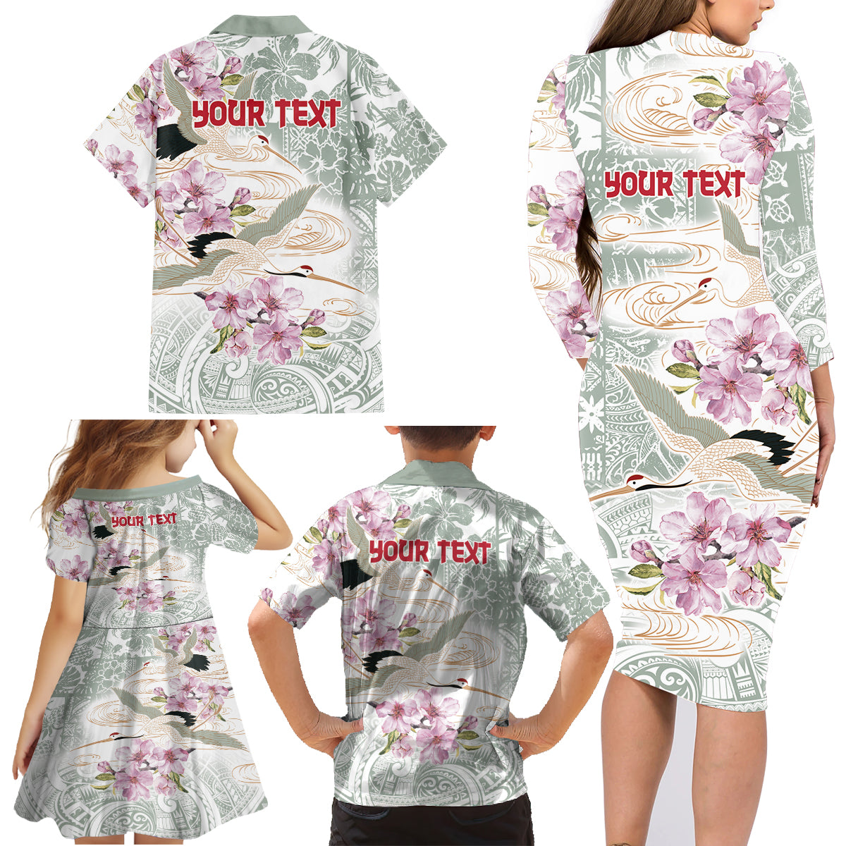 Personalized Japanese Shirasagi Bird Family Matching Long Sleeve Bodycon Dress and Hawaiian Shirt Sakura and Hibiscus Polynesian Pattern LT9 - Wonder Print Shop