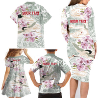 Personalized Japanese Shirasagi Bird Family Matching Long Sleeve Bodycon Dress and Hawaiian Shirt Sakura and Hibiscus Polynesian Pattern LT9 - Wonder Print Shop