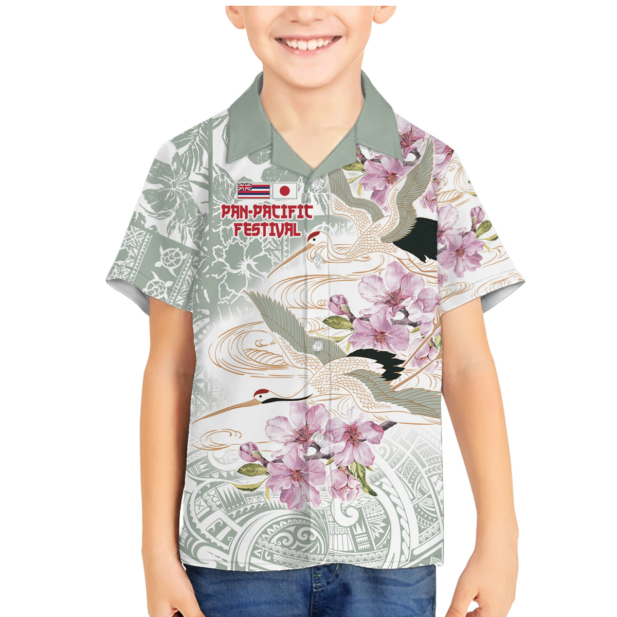 Personalized Japanese Shirasagi Bird Family Matching Mermaid Dress and Hawaiian Shirt Sakura and Hibiscus Polynesian Pattern LT9 - Wonder Print Shop