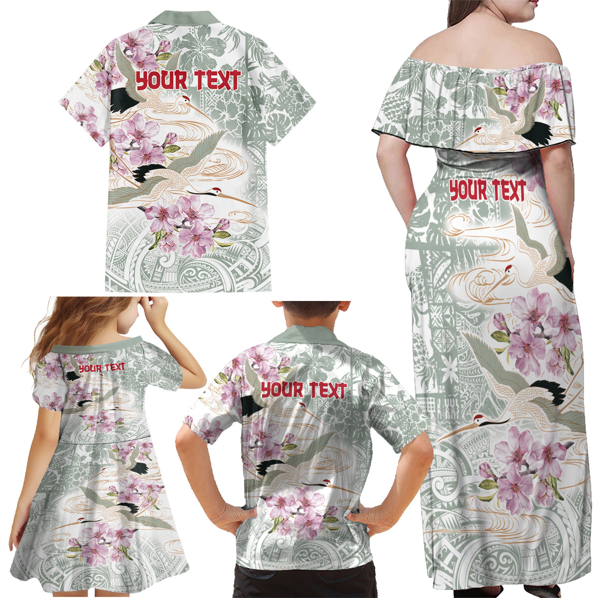 Personalized Japanese Shirasagi Bird Family Matching Off Shoulder Maxi Dress and Hawaiian Shirt Sakura and Hibiscus Polynesian Pattern LT9 - Wonder Print Shop