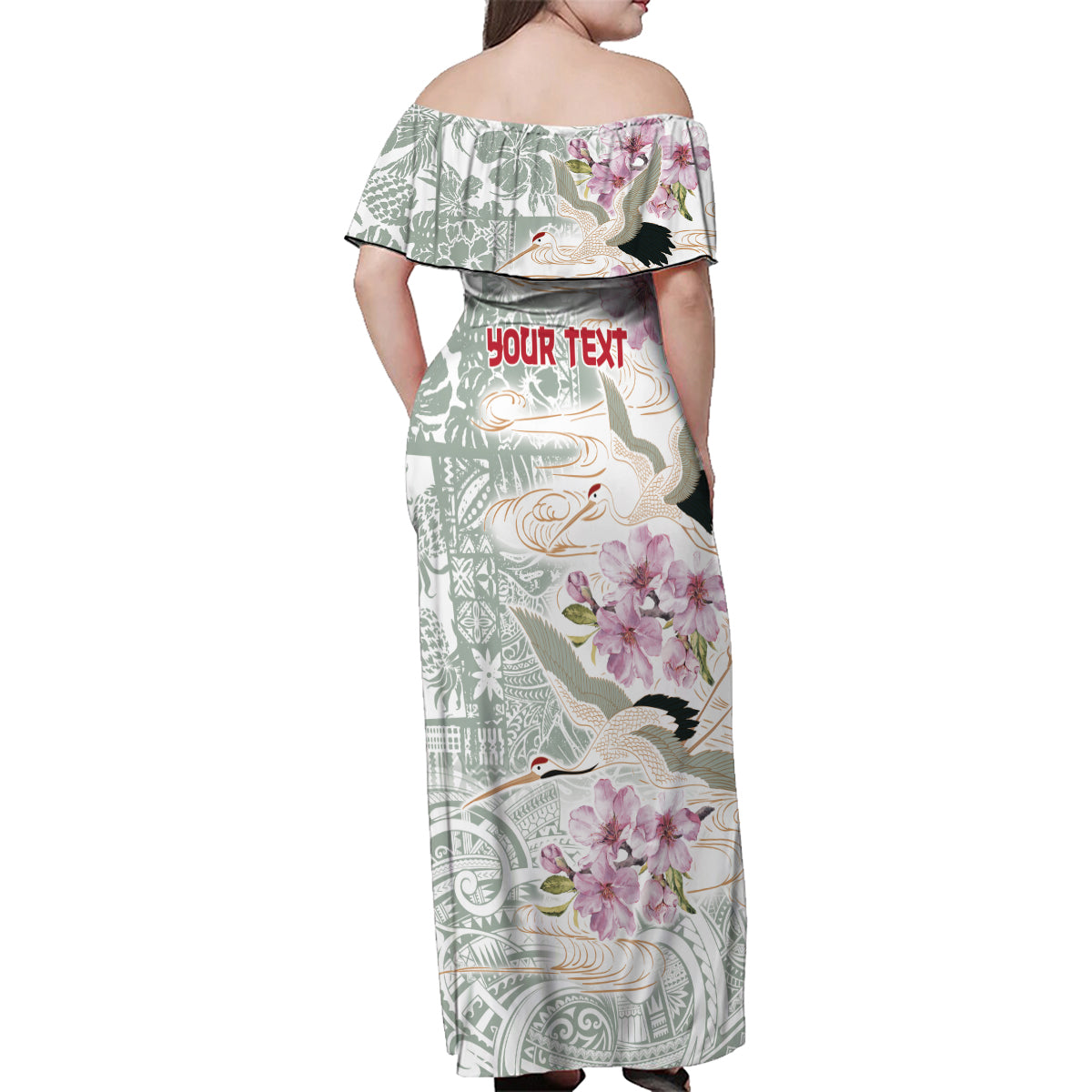 Personalized Japanese Shirasagi Bird Family Matching Off Shoulder Maxi Dress and Hawaiian Shirt Sakura and Hibiscus Polynesian Pattern LT9 - Wonder Print Shop