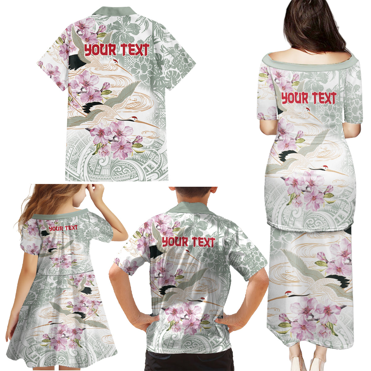 Personalized Japanese Shirasagi Bird Family Matching Puletasi and Hawaiian Shirt Sakura and Hibiscus Polynesian Pattern - Wonder Print Shop