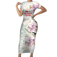 Personalized Japanese Shirasagi Bird Family Matching Short Sleeve Bodycon Dress and Hawaiian Shirt Sakura and Hibiscus Polynesian Pattern - Wonder Print Shop