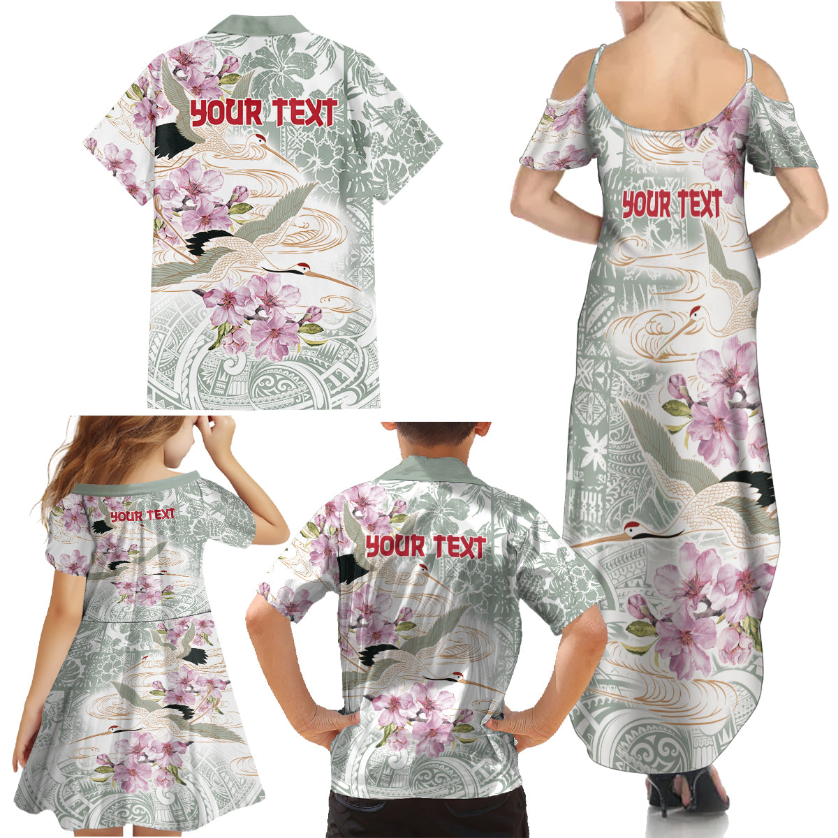 Personalized Japanese Shirasagi Bird Family Matching Summer Maxi Dress and Hawaiian Shirt Sakura and Hibiscus Polynesian Pattern - Wonder Print Shop