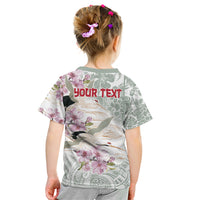 Personalized Japanese Shirasagi Bird Kid T Shirt Sakura and Hibiscus Polynesian Pattern - Wonder Print Shop