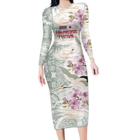 Personalized Japanese Shirasagi Bird Long Sleeve Bodycon Dress Sakura and Hibiscus Polynesian Pattern - Wonder Print Shop