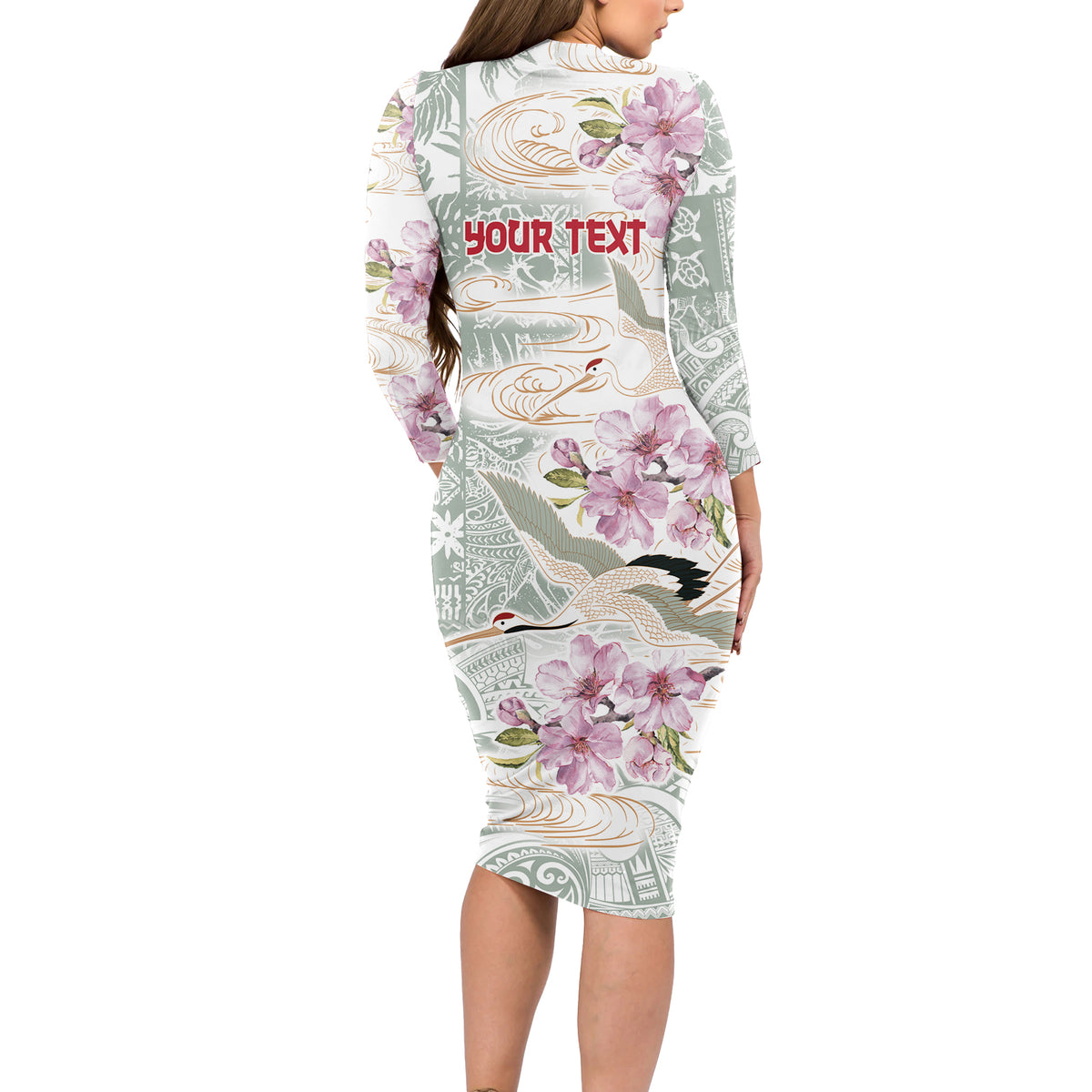 Personalized Japanese Shirasagi Bird Long Sleeve Bodycon Dress Sakura and Hibiscus Polynesian Pattern - Wonder Print Shop