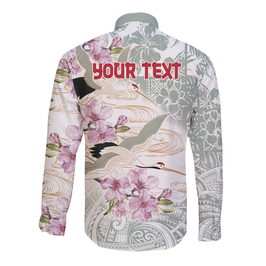 Personalized Japanese Shirasagi Bird Long Sleeve Button Shirt Sakura and Hibiscus Polynesian Pattern - Wonder Print Shop