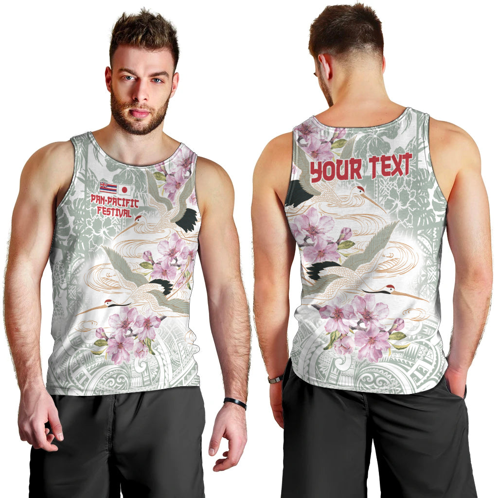Personalized Japanese Shirasagi Bird Men Tank Top Sakura and Hibiscus Polynesian Pattern - Wonder Print Shop