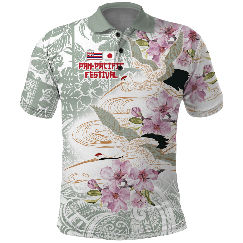 Personalized Japanese Shirasagi Bird Polo Shirt Sakura and Hibiscus Polynesian Pattern