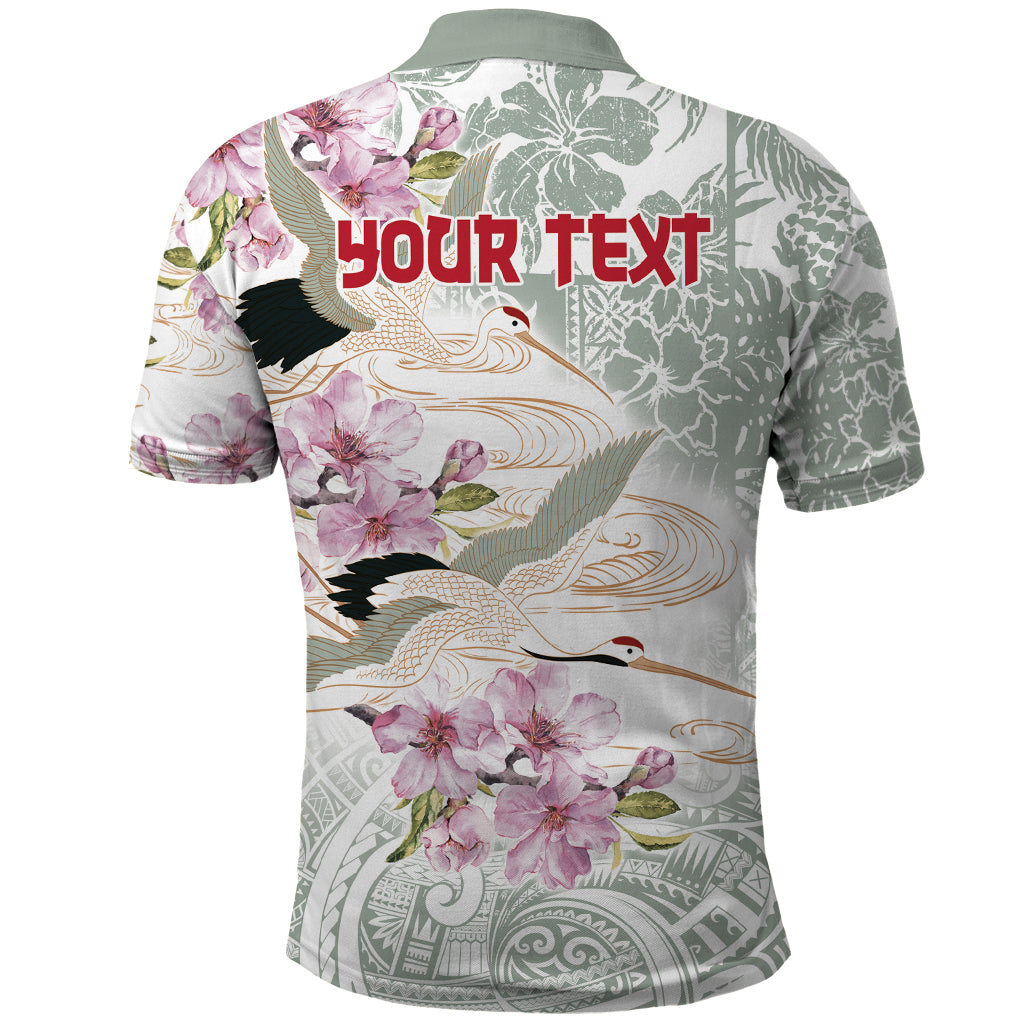 Personalized Japanese Shirasagi Bird Polo Shirt Sakura and Hibiscus Polynesian Pattern - Wonder Print Shop