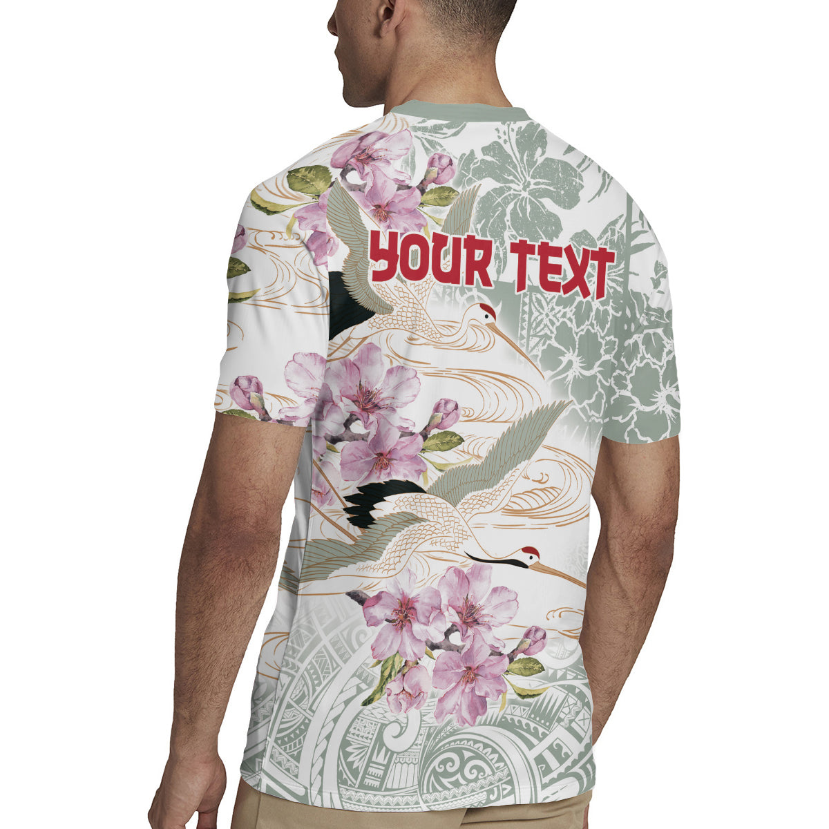 Personalized Japanese Shirasagi Bird Rugby Jersey Sakura and Hibiscus Polynesian Pattern - Wonder Print Shop