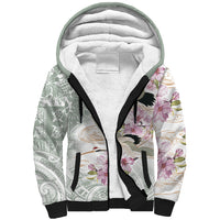Personalized Japanese Shirasagi Bird Sherpa Hoodie Sakura and Hibiscus Polynesian Pattern - Wonder Print Shop
