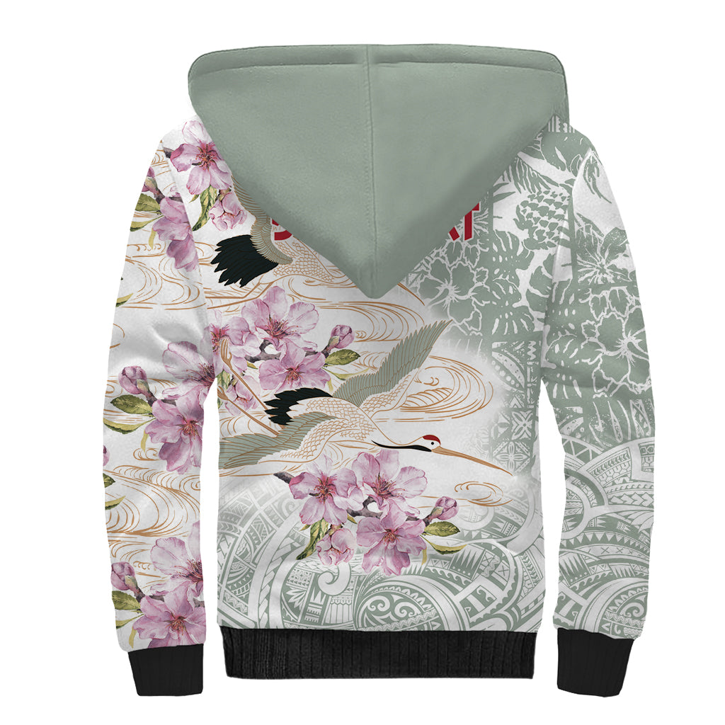 Personalized Japanese Shirasagi Bird Sherpa Hoodie Sakura and Hibiscus Polynesian Pattern - Wonder Print Shop