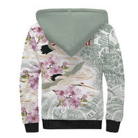 Personalized Japanese Shirasagi Bird Sherpa Hoodie Sakura and Hibiscus Polynesian Pattern - Wonder Print Shop