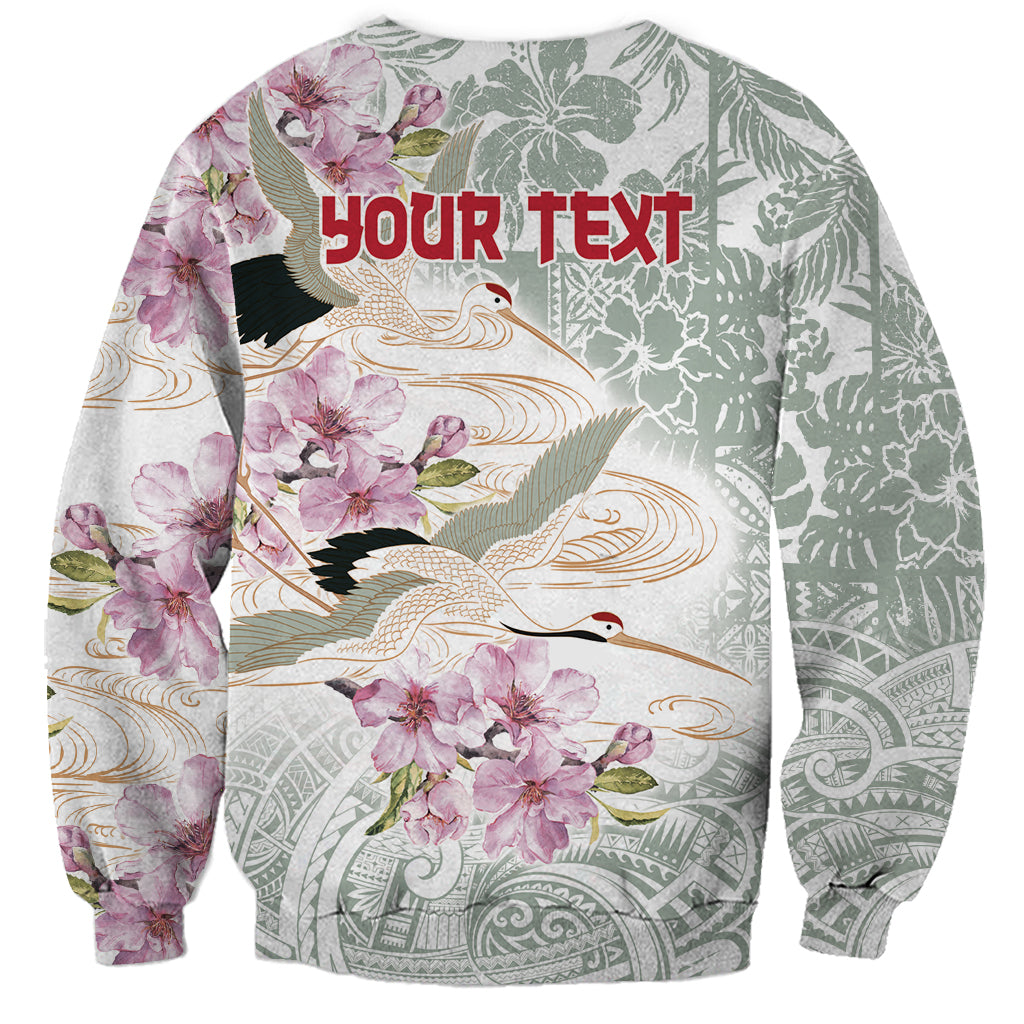 Personalized Japanese Shirasagi Bird Sweatshirt Sakura and Hibiscus Polynesian Pattern - Wonder Print Shop