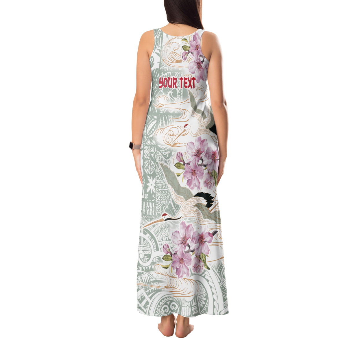 Personalized Japanese Shirasagi Bird Tank Maxi Dress Sakura and Hibiscus Polynesian Pattern - Wonder Print Shop