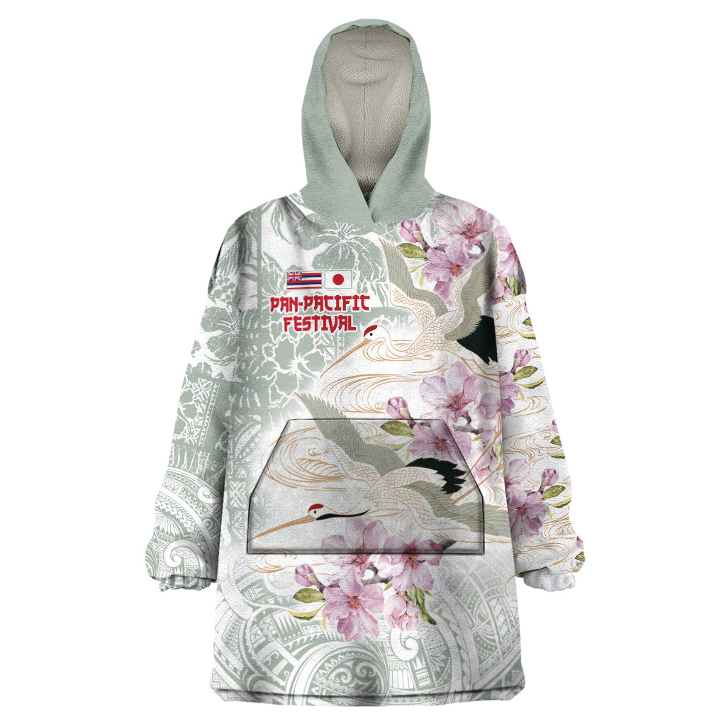 Personalized Japanese Shirasagi Bird Wearable Blanket Hoodie Sakura and Hibiscus Polynesian Pattern