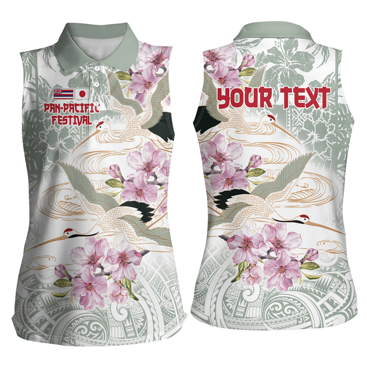 Personalized Japanese Shirasagi Bird Women Sleeveless Polo Shirt Sakura and Hibiscus Polynesian Pattern - Wonder Print Shop
