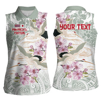 Personalized Japanese Shirasagi Bird Women Sleeveless Polo Shirt Sakura and Hibiscus Polynesian Pattern - Wonder Print Shop