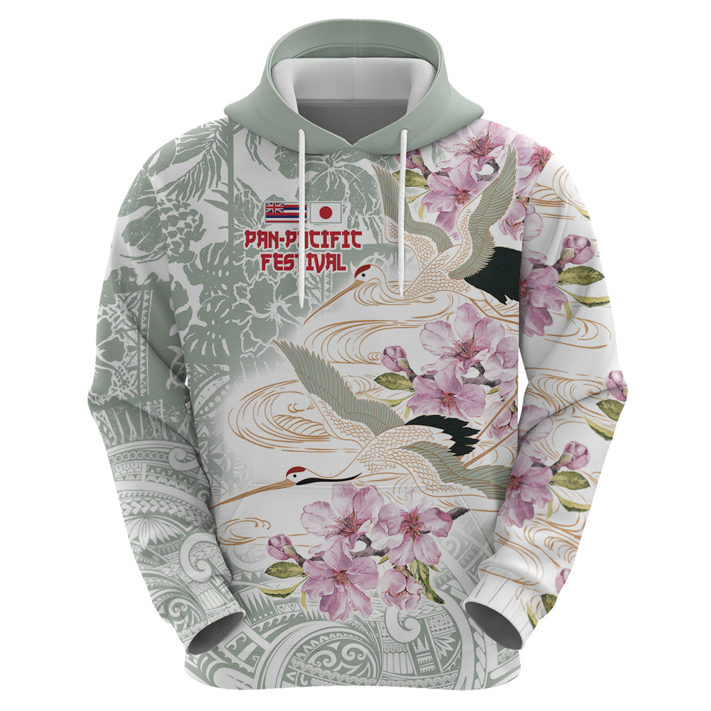 Personalized Japanese Shirasagi Bird Zip Hoodie Sakura and Hibiscus Polynesian Pattern - Wonder Print Shop