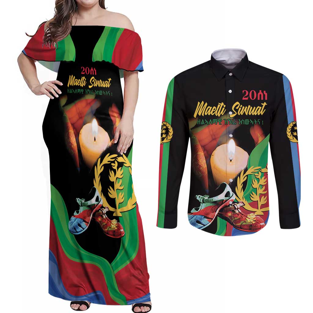 Personalized Eritrea Maelti Siwuat Couples Matching Off Shoulder Maxi Dress and Long Sleeve Button Shirt Shida Shoes Glory To Our Martyrs Eritrea LT9 - Wonder Print Shop
