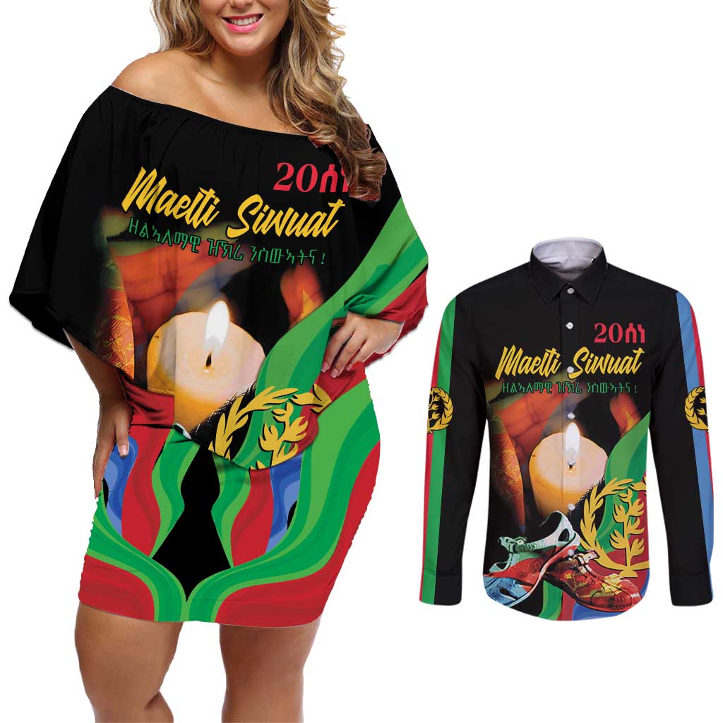 Personalized Eritrea Maelti Siwuat Couples Matching Off Shoulder Short Dress and Long Sleeve Button Shirt Shida Shoes Glory To Our Martyrs Eritrea LT9 - Wonder Print Shop