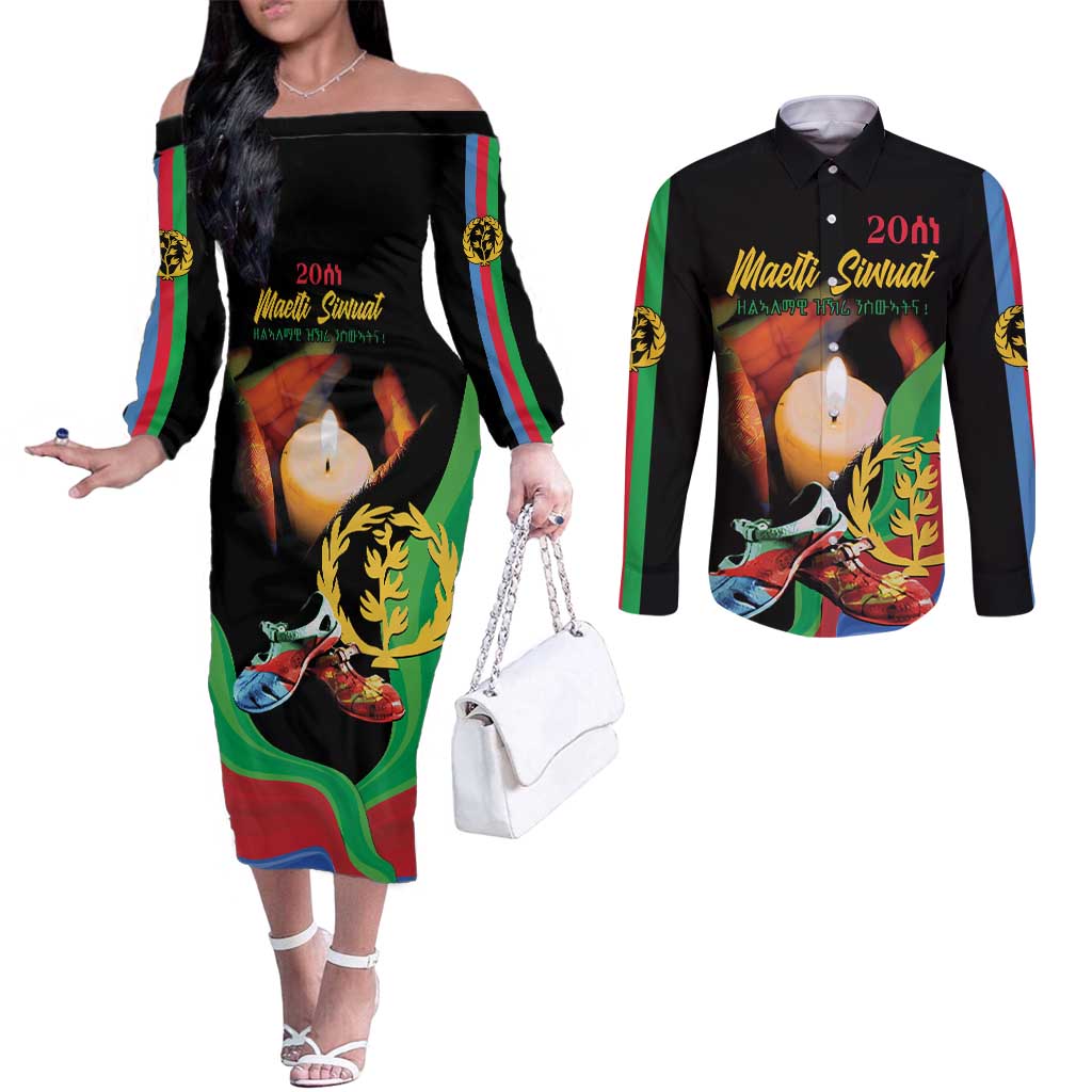 Personalized Eritrea Maelti Siwuat Couples Matching Off The Shoulder Long Sleeve Dress and Long Sleeve Button Shirt Shida Shoes Glory To Our Martyrs Eritrea