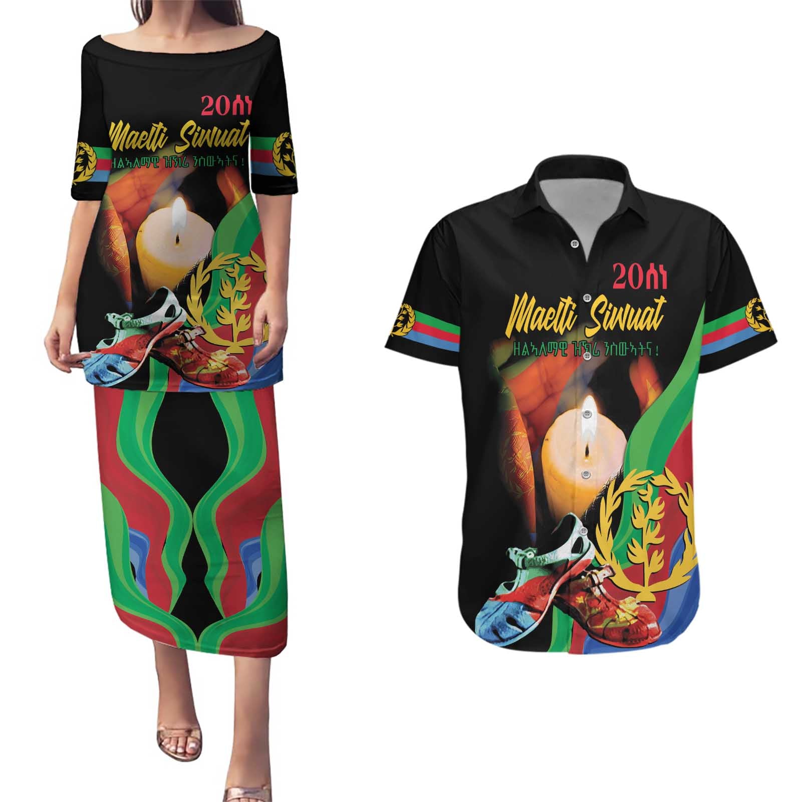 Personalized Eritrea Maelti Siwuat Couples Matching Puletasi and Hawaiian Shirt Shida Shoes Glory To Our Martyrs Eritrea LT9 - Wonder Print Shop