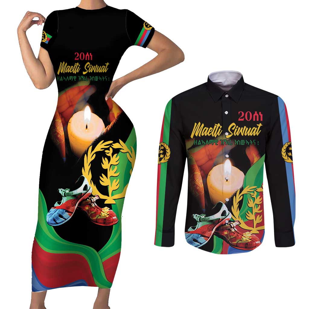 Personalized Eritrea Maelti Siwuat Couples Matching Short Sleeve Bodycon Dress and Long Sleeve Button Shirt Shida Shoes Glory To Our Martyrs Eritrea LT9 - Wonder Print Shop