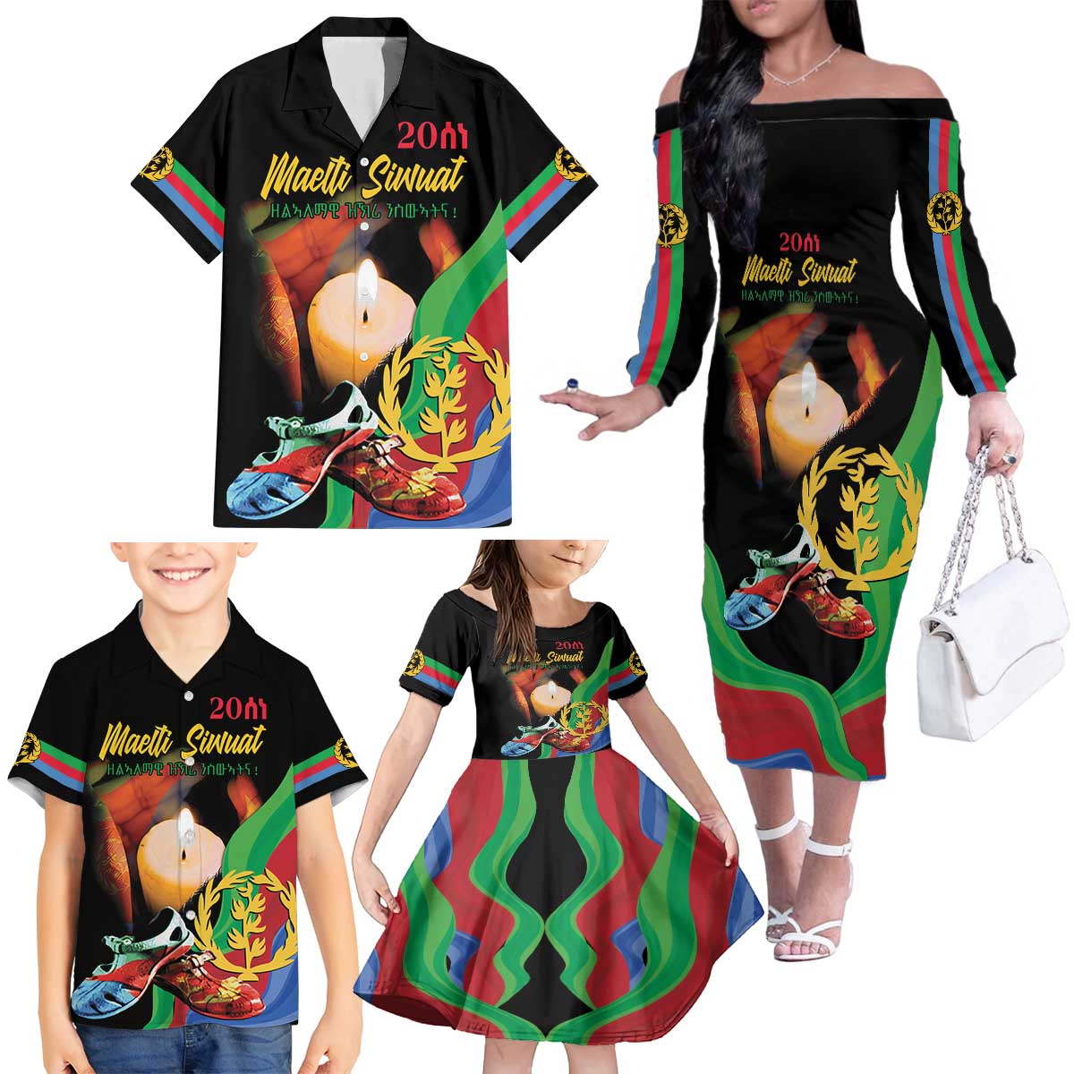Personalized Eritrea Maelti Siwuat Family Matching Off The Shoulder Long Sleeve Dress and Hawaiian Shirt Shida Shoes Glory To Our Martyrs Eritrea - Wonder Print Shop