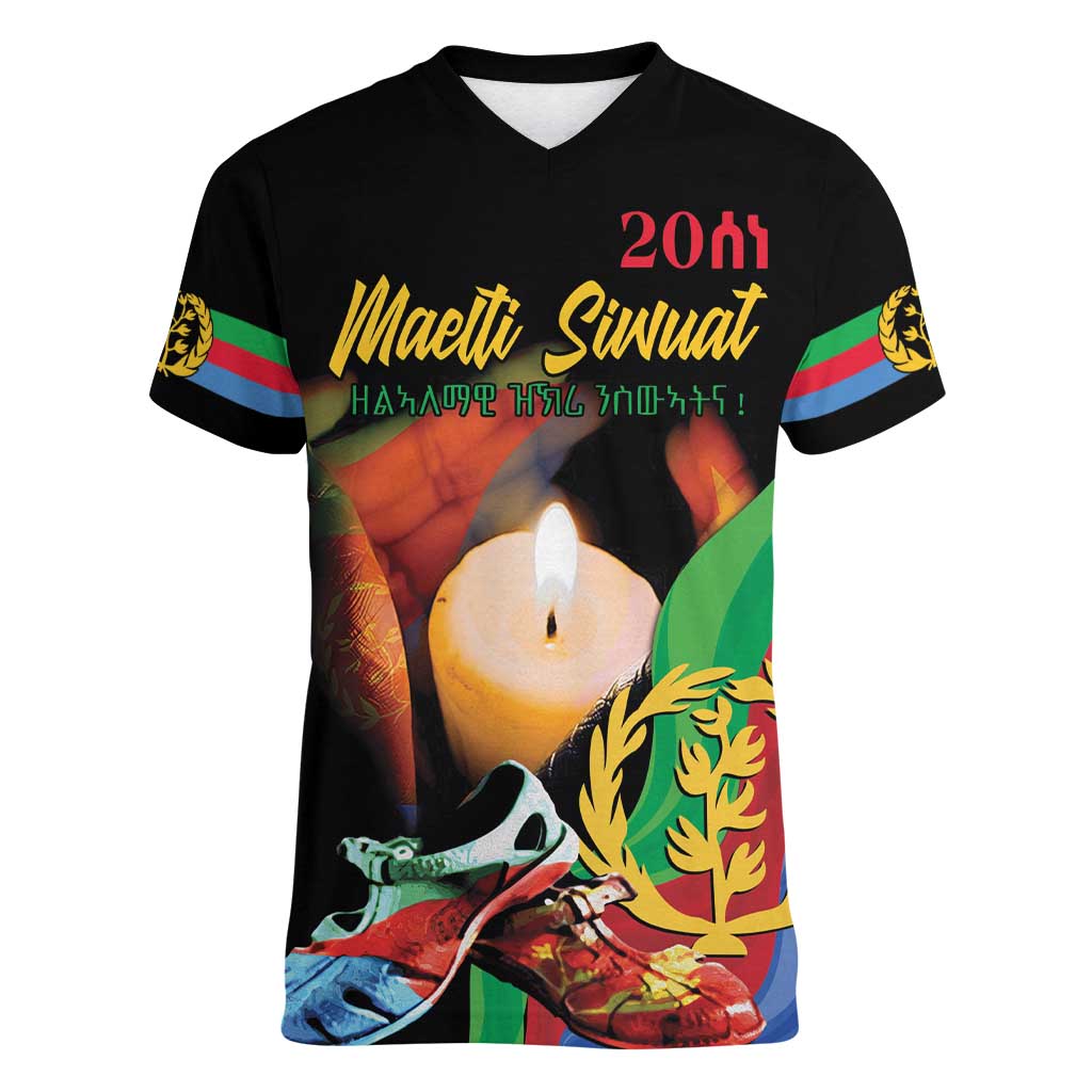 Personalized Eritrea Maelti Siwuat Women V-Neck T-Shirt Shida Shoes Glory To Our Martyrs Eritrea - Wonder Print Shop