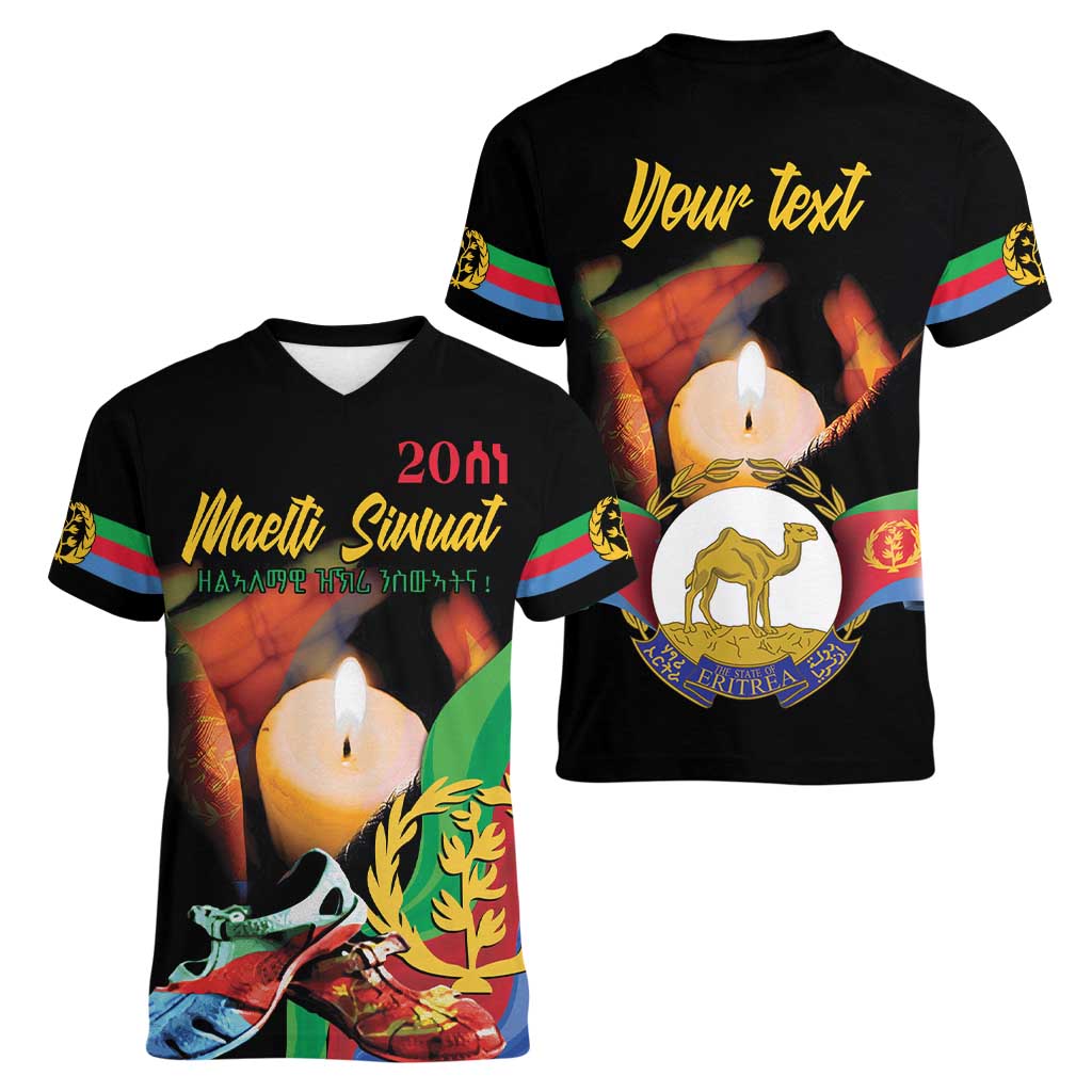 Personalized Eritrea Maelti Siwuat Women V-Neck T-Shirt Shida Shoes Glory To Our Martyrs Eritrea - Wonder Print Shop