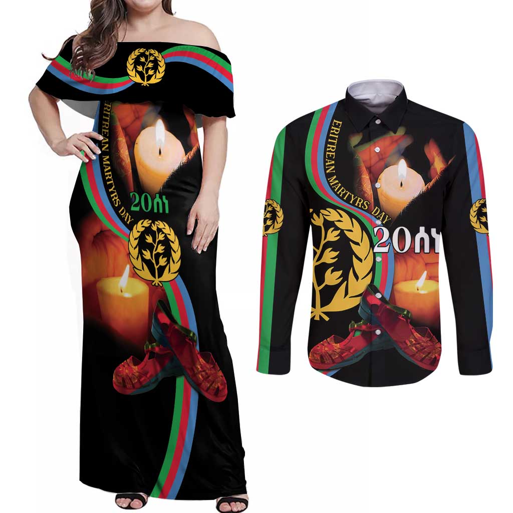 Personalized Eritrea Maelti Siwuat Couples Matching Off Shoulder Maxi Dress and Long Sleeve Button Shirt Candle Vigil Glory To Our Martyrs Eritrea LT9 - Wonder Print Shop