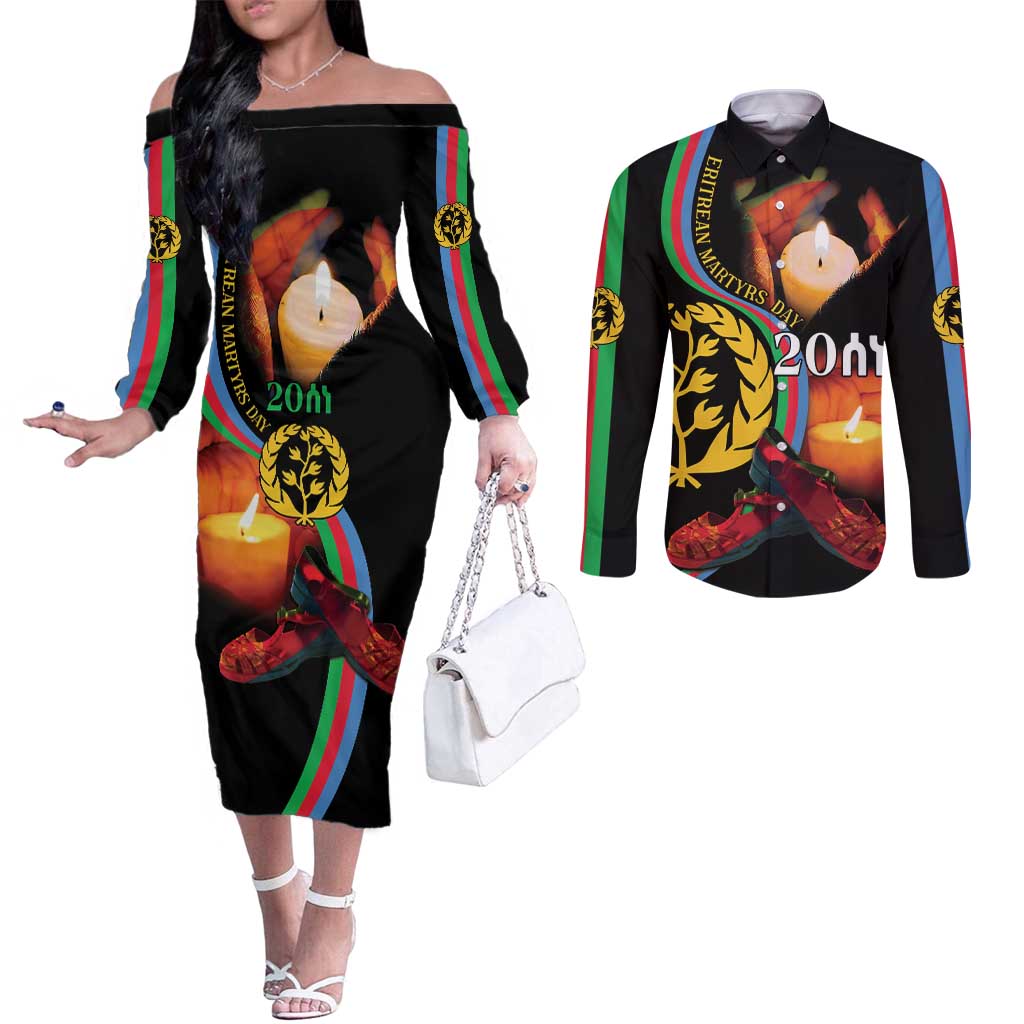 Personalized Eritrea Maelti Siwuat Couples Matching Off The Shoulder Long Sleeve Dress and Long Sleeve Button Shirt Candle Vigil Glory To Our Martyrs Eritrea