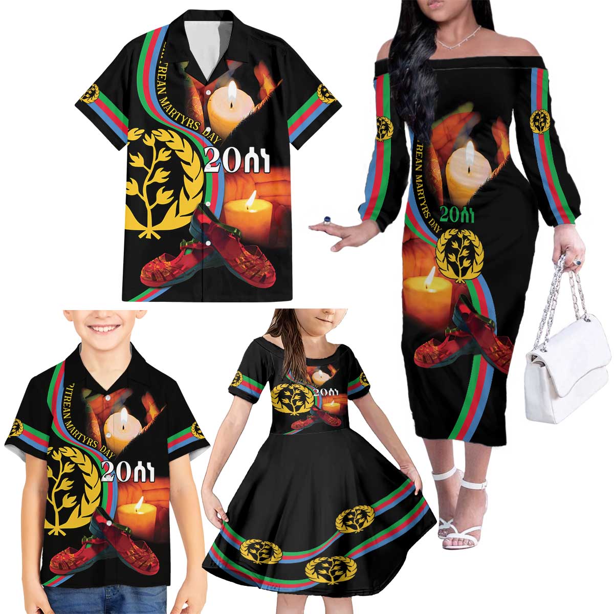 Personalized Eritrea Maelti Siwuat Family Matching Off The Shoulder Long Sleeve Dress and Hawaiian Shirt Candle Vigil Glory To Our Martyrs Eritrea - Wonder Print Shop