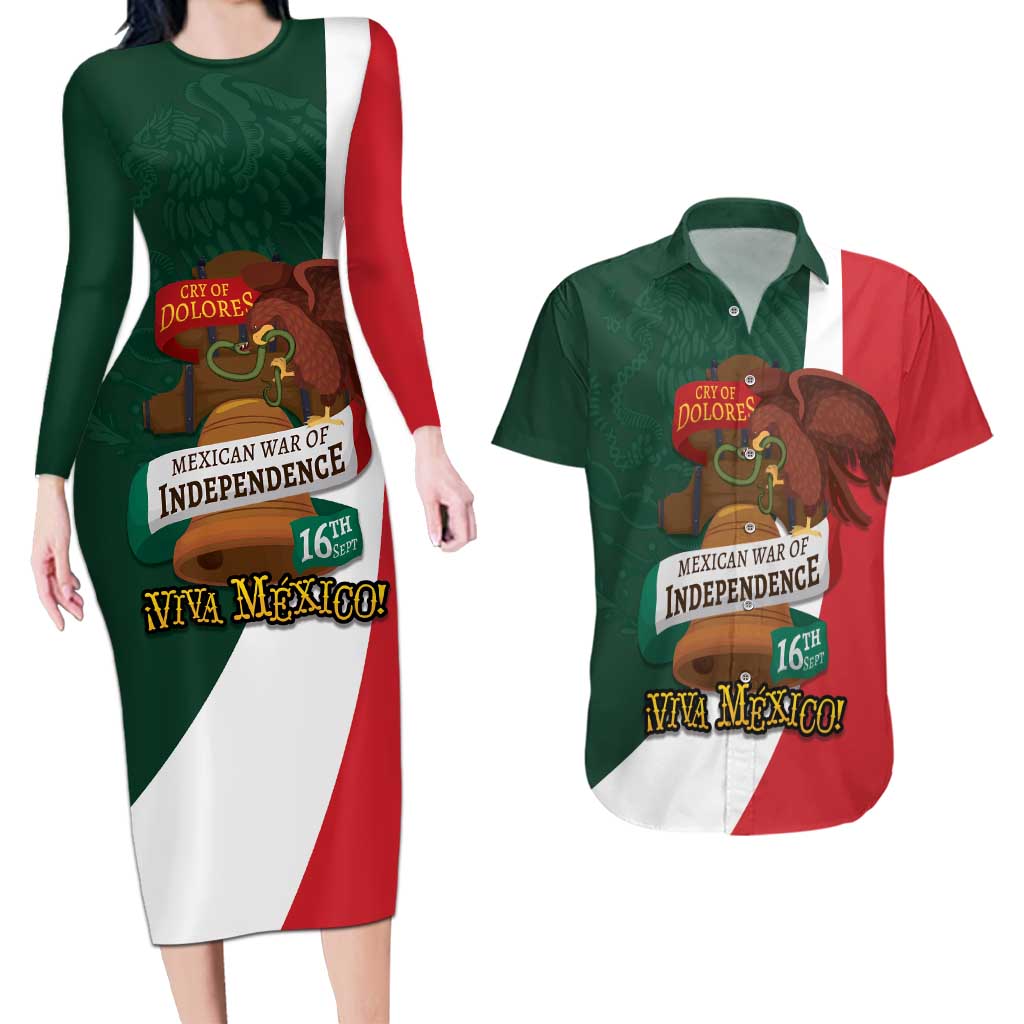 iViva Mexico Hidalgos Bell Personalized Couples Matching Long Sleeve Bodycon Dress and Hawaiian Shirt Mexican Independence Day Fiesta - Wonder Print Shop