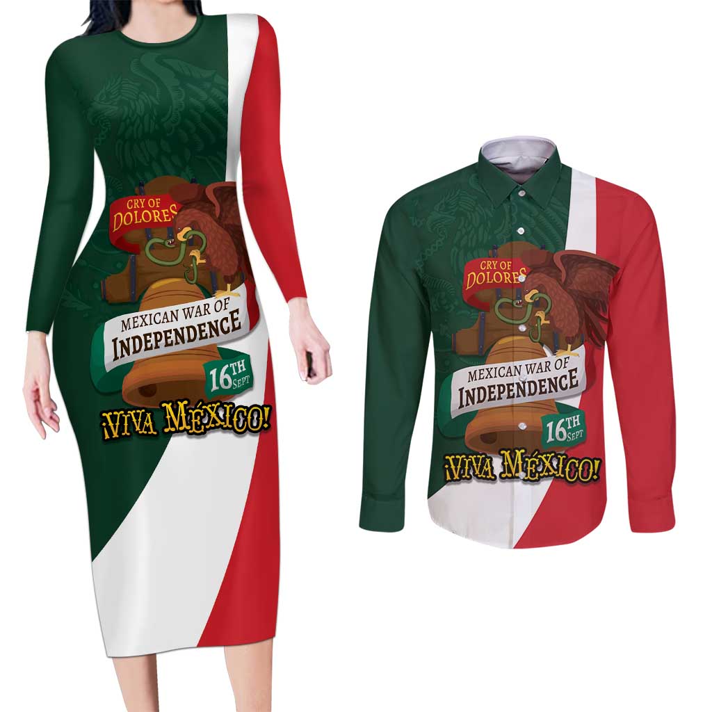 iViva Mexico Hidalgos Bell Personalized Couples Matching Long Sleeve Bodycon Dress and Long Sleeve Button Shirt Mexican Independence Day Fiesta - Wonder Print Shop