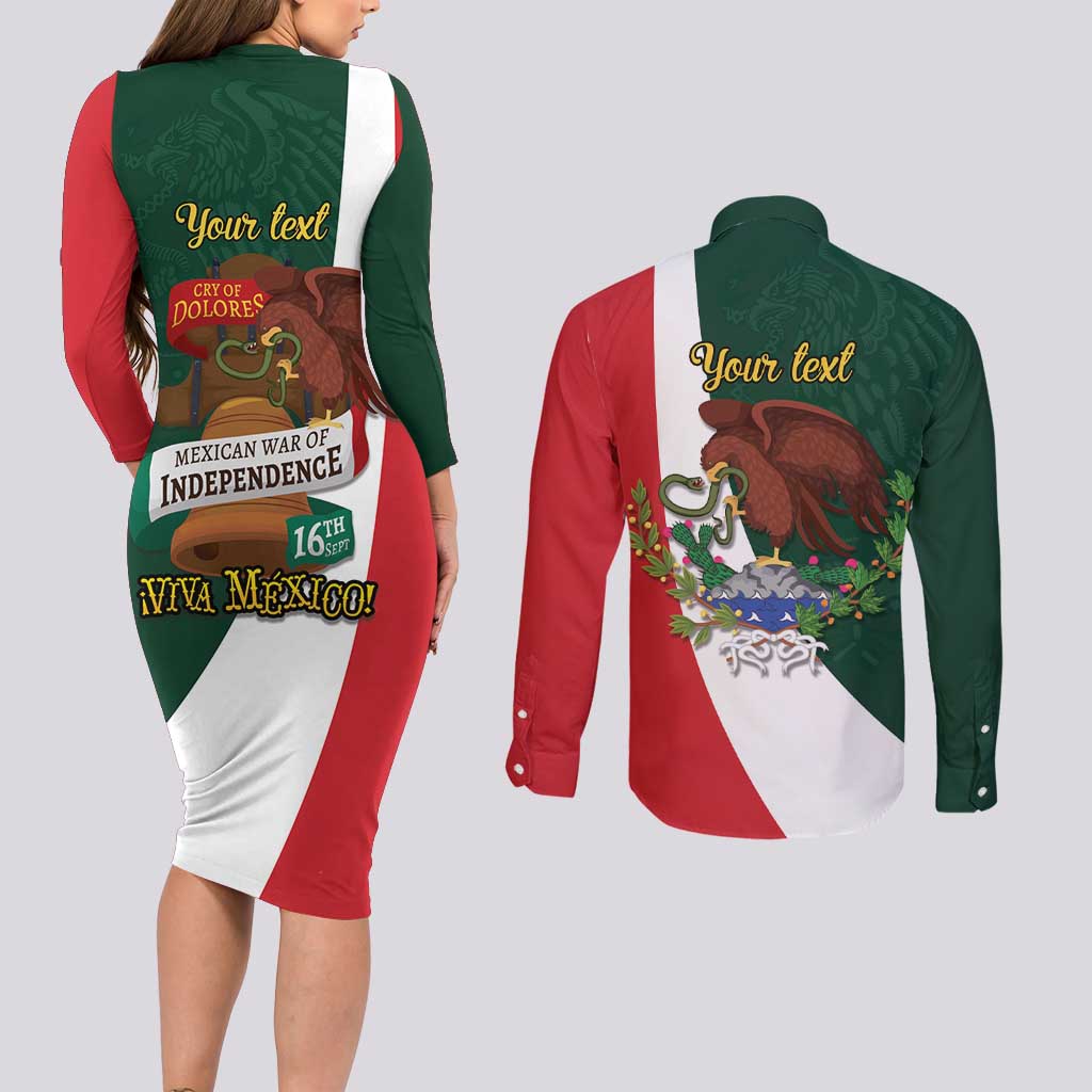 iViva Mexico Hidalgos Bell Personalized Couples Matching Long Sleeve Bodycon Dress and Long Sleeve Button Shirt Mexican Independence Day Fiesta - Wonder Print Shop
