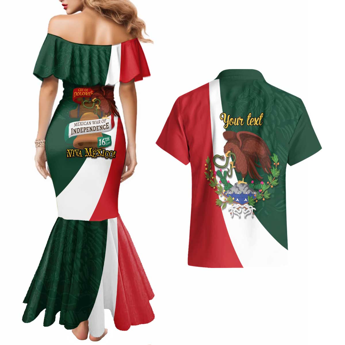 iViva Mexico Hidalgos Bell Personalized Couples Matching Mermaid Dress and Hawaiian Shirt Mexican Independence Day Fiesta - Wonder Print Shop