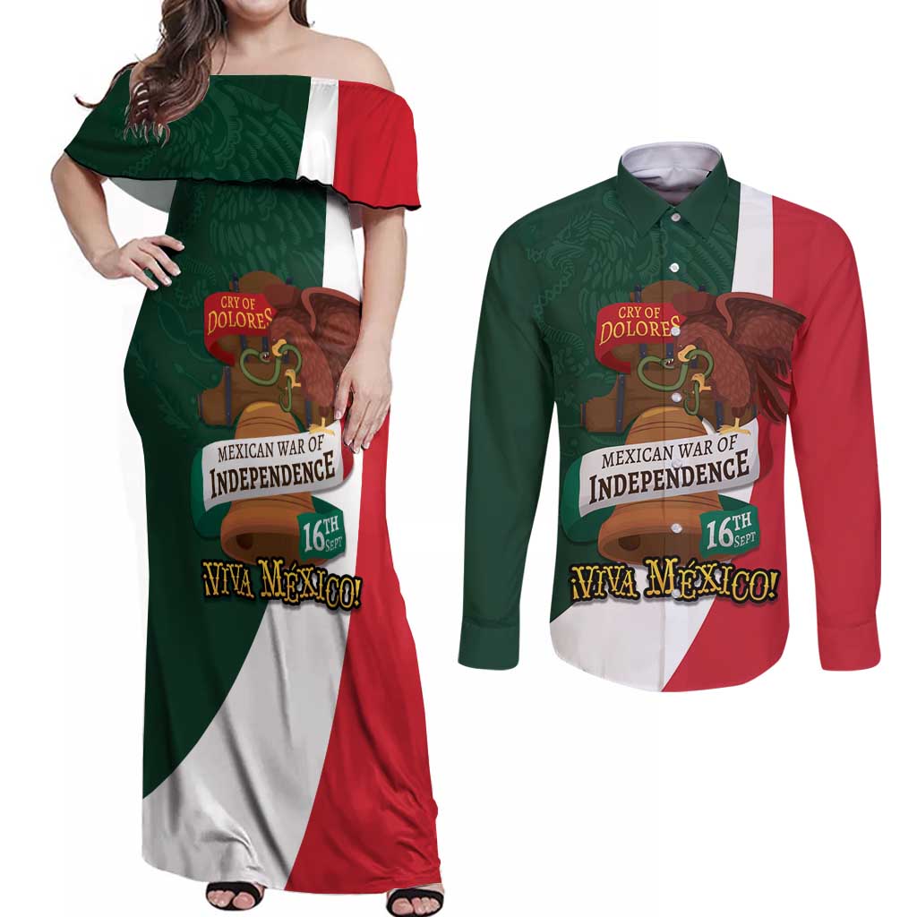 iViva Mexico Hidalgos Bell Personalized Couples Matching Off Shoulder Maxi Dress and Long Sleeve Button Shirt Mexican Independence Day Fiesta - Wonder Print Shop