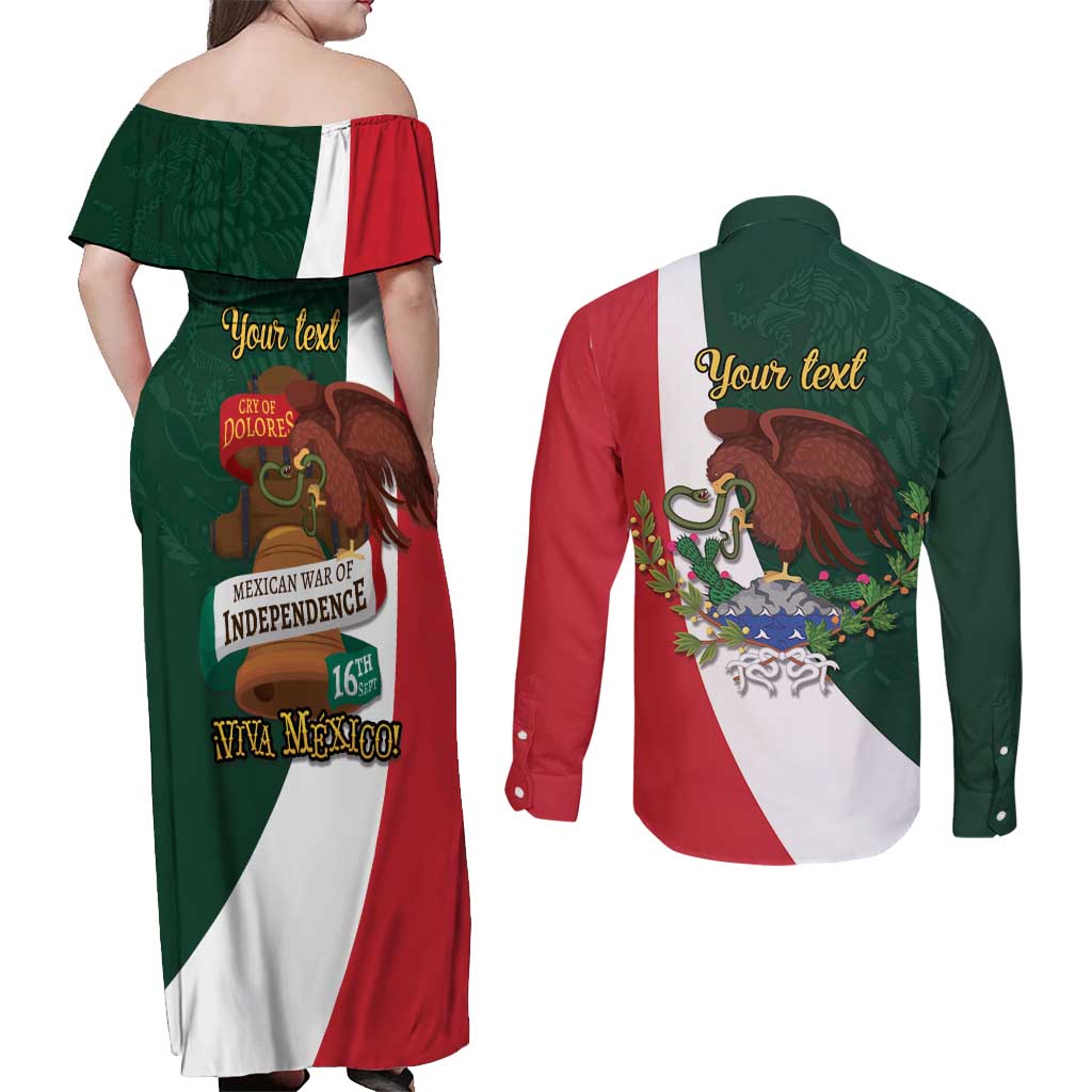 iViva Mexico Hidalgos Bell Personalized Couples Matching Off Shoulder Maxi Dress and Long Sleeve Button Shirt Mexican Independence Day Fiesta - Wonder Print Shop