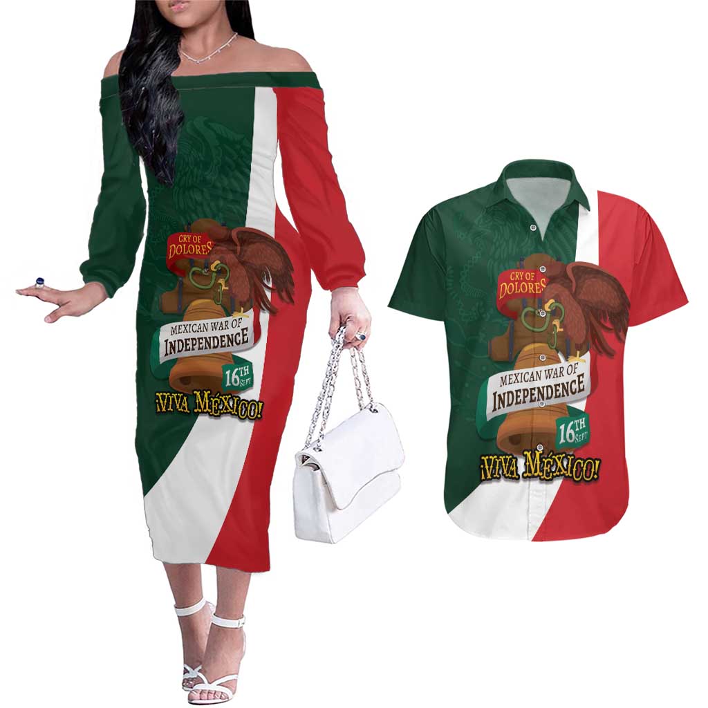 iViva Mexico Hidalgos Bell Personalized Couples Matching Off The Shoulder Long Sleeve Dress and Hawaiian Shirt Mexican Independence Day Fiesta - Wonder Print Shop