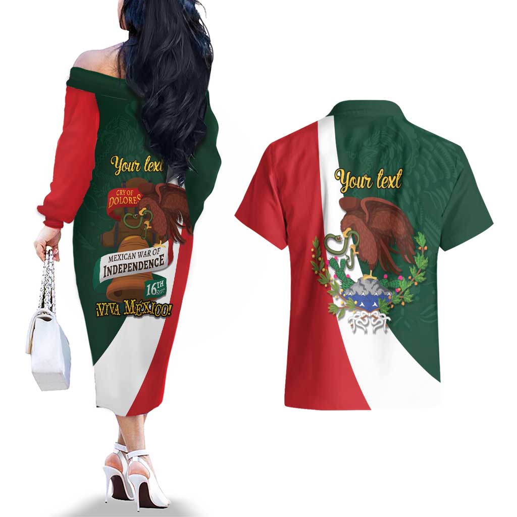 iViva Mexico Hidalgos Bell Personalized Couples Matching Off The Shoulder Long Sleeve Dress and Hawaiian Shirt Mexican Independence Day Fiesta - Wonder Print Shop